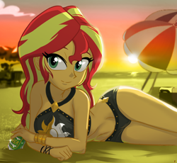Size: 980x900 | Tagged: safe, artist:ta-na, character:sunset shimmer, equestria girls:forgotten friendship, g4, my little pony: equestria girls, my little pony:equestria girls, adorasexy, alcohol, backlighting, beach, beach babe, beach umbrella, beautiful, beautisexy, beer, belly button, bikini, bikini babe, bikini bottom, bikini top, black swimsuit, blurred background, bracelet, clothing, cloud, cute, cutie mark on clothes, eyelashes, featured on derpibooru, female, jewelry, lens flare, looking at you, midriff, ocean, on side, outdoors, pun, sand, sexy, shimmerbetes, sky, smiling, solo, stupid sexy sunset shimmer, summer sunset, sun, sunset, swimsuit, tanned, visual gag