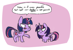 Size: 1348x922 | Tagged: safe, artist:bloodatius, character:twilight sparkle, character:twilight sparkle (alicorn), species:alicorn, species:pony, :<, angry, bags under eyes, descended twilight, dialogue, female, future future twilight, looking at each other, mare, multeity, raised hoof, size difference, speech bubble, style emulation, text