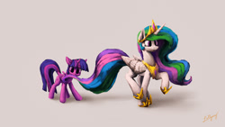 Size: 1920x1080 | Tagged: safe, artist:lollipony, character:princess celestia, character:twilight sparkle, character:twilight sparkle (alicorn), species:alicorn, species:pony, biting, cute, duo, duo female, female, hold your horses!, mare, nom, shocked expression, tail bite, twiabetes
