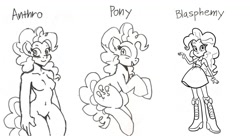 Size: 1356x738 | Tagged: safe, artist:wootmaster, edit, character:pinkie pie, species:anthro, species:human, species:pony, g4, my little pony:equestria girls, anthro with ponies, breasts, featureless breasts, female, humanized, mare, monochrome