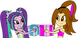Size: 3000x1465 | Tagged: safe, artist:eagc7, character:aria blaze, oc, oc:abigail, my little pony:equestria girls, bare shoulders, clothing, commission, duo, duo female, female, gift giving, midriff, simple background, sleeveless, strapless, transparent background, tube top