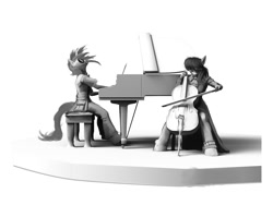 Size: 1000x750 | Tagged: safe, artist:hattonslayden, character:dj pon-3, character:octavia melody, character:vinyl scratch, species:anthro, species:unguligrade anthro, cello, duo, female, grayscale, looking down, looking up, monochrome, musical instrument, piano, simple background, white background