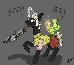 Size: 3542x3096 | Tagged: safe, artist:dombrus, oc, oc only, oc:pyrelight, oc:velvet remedy, species:balefire phoenix, species:bird, species:phoenix, species:pony, species:unicorn, fallout equestria, bulletproof vest, fanfic, fanfic art, female, glowing horn, gun, hooves, horn, levitation, magic, mare, open mouth, shotgun, simple background, singing, solo, telekinesis, weapon