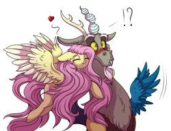 Size: 3080x2369 | Tagged: safe, artist:marbola, character:discord, character:fluttershy, species:draconequus, species:pegasus, species:pony, ship:discoshy, blushing, chest fluff, cute, discute, exclamation point, female, hug, interrobang, male, mare, question mark, shipping, shyabetes, straight