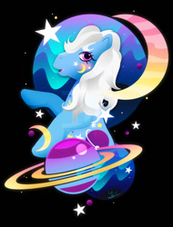 Size: 800x1054 | Tagged: safe, artist:ii-art, character:night glider (g1), species:earth pony, species:pony, g1, black background, design, female, looking at you, mare, moon, night glider (g1), planet, pony bigger than a planet, rearing, simple background, space, stars