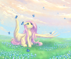 Size: 2300x1900 | Tagged: safe, artist:peachmayflower, character:fluttershy, species:pegasus, species:pony, big wings, butterfly, cute, female, floppy ears, grass, grass field, looking at something, looking up, mare, nature, shyabetes, sitting, solo, spread wings, wings