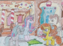 Size: 1217x891 | Tagged: safe, artist:nephilim rider, character:pound cake, character:princess flurry heart, character:pumpkin cake, oc, oc:shimmering glow, parent:king sombra, parent:radiant hope, parents:hopebra, adult, brother and sister, cake twins, canon x oc, clothing, couple, cupcake, dress, female, flurryglow, food, husband and wife, male, mama flurry, married couple, multiple pregnancy, offspring, offspring shipping, older, older flurry heart, older pound cake, older pumpkin cake, pregnant, shipping, siblings, straight, sugarcube corner, traditional art, twins