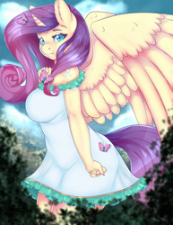 Size: 990x1280 | Tagged: safe, artist:cheezayballz, character:fluttershy, character:rarity, species:alicorn, species:anthro, species:pony, breasts, busty fluttershy, clothing, dress, female, fusion, mare, smiling, solo