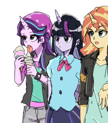 Size: 700x800 | Tagged: safe, artist:misochikin, character:starlight glimmer, character:sunset shimmer, character:twilight sparkle, my little pony:equestria girls, beanie, clothing, food, hat, horned humanization, humanized, ice cream, ice cream cone, jacket, leather, leather jacket, shirt, simple background, skirt, that human sure does love ice cream, trio, white background