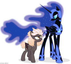Size: 6622x5940 | Tagged: safe, artist:suramii, character:nightmare moon, character:princess luna, oc, oc:night vision, species:alicorn, species:pegasus, species:pony, absurd resolution, female, helmet, looking at each other, mare, simple background, transparent background, vector