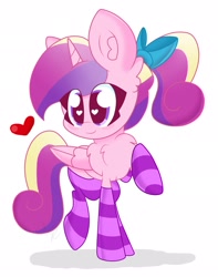Size: 1613x2048 | Tagged: safe, artist:kittyrosie, character:princess cadance, species:alicorn, species:pony, bow, clothing, cute, cutedance, female, hair bow, heart, heart eyes, mare, ponytail, simple background, socks, solo, striped socks, teen princess cadance, white background, wingding eyes