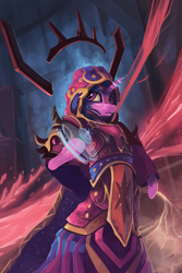 Size: 1401x2100 | Tagged: safe, artist:shamanguli, character:twilight sparkle, character:twilight sparkle (unicorn), species:anthro, species:pony, species:unicorn, arm hooves, clothing, dress, female, frown, glowing horn, hood, lidded eyes, lightning, magic, magic circle, mare, robe, solo