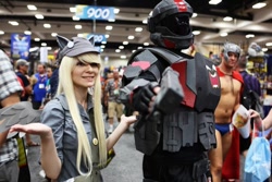 Size: 900x600 | Tagged: safe, artist:meekcheep, character:derpy hooves, species:human, bag, clothing, convention, cosplay, custom, flutterrage, halo (series), hat, irl, irl human, odst, orbital drop shock trooper, photo, san diego comic con