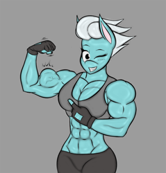 Size: 2342x2450 | Tagged: safe, artist:calm wind, artist:matchstickman, character:fleetfoot, species:anthro, 1000 years in photoshop, abs, biceps, breasts, busty fleetfoot, clothing, fleetflex, flexing, gloves, muscles, no tail, one eye closed, sports bra, wingless, wingless anthro, wink, workout outfit