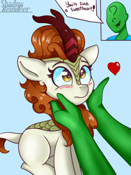 Size: 1280x1706 | Tagged: safe, artist:php97, character:autumn blaze, oc, oc:anon, species:human, species:kirin, episode:sounds of silence, g4, my little pony: friendship is magic, awwtumn blaze, blushing, cute, dialogue, female, hand, heart, male, misspelling
