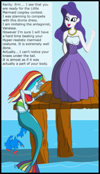 Size: 2011x3486 | Tagged: safe, artist:physicrodrigo, edit, editor:rmzero, part of a set, character:rainbow dash, character:rarity, series:equestria mermaids, my little pony:equestria girls, clothing, curse, cursed, day, dialogue, dress, jewelry, mermaid, mermaidized, midriff, necklace, ocean, part of a series, pearl, pearl necklace, species swap, text