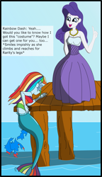Size: 2011x3486 | Tagged: safe, artist:physicrodrigo, edit, editor:rmzero, part of a set, character:rainbow dash, character:rarity, series:equestria mermaids, my little pony:equestria girls, clothing, curse, cursed, day, dialogue, dress, jewelry, mermaid, mermaidized, midriff, necklace, ocean, part of a series, pearl, pearl necklace, species swap, text