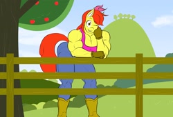 Size: 2610x1772 | Tagged: safe, artist:matchstickman, character:apple bloom, species:anthro, species:plantigrade anthro, apple brawn, apple tree, biceps, boots, breasts, busty apple bloom, clothing, deltoids, female, fence, gloves, jeans, leaning forward, looking at you, matchstickman's apple brawn series, muscles, older, older apple bloom, one eye closed, pants, shoes, solo, sports bra, sweet apple acres, thunder thighs, tree, wink
