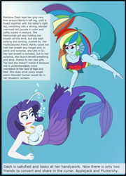 Size: 2124x2955 | Tagged: safe, artist:physicrodrigo, edit, editor:rmzero, part of a set, character:rainbow dash, character:rarity, series:equestria mermaids, my little pony:equestria girls, angler fish, clothing, curse, cursed, dialogue, dress, gills, grin, jewelry, mermaid, mermaidized, midriff, necklace, ocean, part of a series, pearl, pearl necklace, smiling, species swap, text