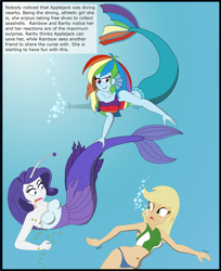 Size: 2683x3296 | Tagged: safe, artist:physicrodrigo, edit, editor:rmzero, part of a set, character:applejack, character:rainbow dash, character:rarity, series:equestria mermaids, my little pony:equestria girls, angler fish, belly button, bikini, bikini bottom, bikini top, bubble, clothing, curse, cursed, dialogue, dress, gills, grin, jewelry, mermaid, mermaidized, midriff, necklace, ocean, part of a series, pearl, pearl necklace, smiling, species swap, submarine, surprised, swimsuit, text