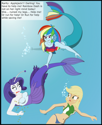 Size: 2683x3296 | Tagged: safe, artist:physicrodrigo, edit, editor:rmzero, part of a set, character:applejack, character:rainbow dash, character:rarity, series:equestria mermaids, my little pony:equestria girls, angler fish, belly button, bikini, bikini bottom, bikini top, bubble, clothing, curse, cursed, dialogue, dress, gills, grin, jewelry, mermaid, mermaidized, midriff, necklace, ocean, part of a series, pearl, pearl necklace, smiling, species swap, submarine, surprised, swimsuit