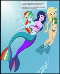 Size: 2683x3296 | Tagged: safe, artist:physicrodrigo, edit, editor:rmzero, part of a set, character:applejack, character:rainbow dash, character:twilight sparkle, series:equestria mermaids, my little pony:equestria girls, angler fish, belly button, bikini, bikini bottom, bikini top, bubble, clothing, confused, curse, cursed, cutie mark, dialogue, gills, jewelry, mermaid, mermaidized, midriff, necklace, ocean, part of a series, seashell bra, shell, smiling, species swap, swimsuit, text
