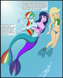 Size: 2683x3296 | Tagged: safe, artist:physicrodrigo, edit, editor:rmzero, part of a set, character:applejack, character:rainbow dash, character:twilight sparkle, series:equestria mermaids, my little pony:equestria girls, angler fish, belly button, bikini, bikini bottom, bikini top, bubble, clothing, confused, curse, cursed, cutie mark, dialogue, gills, jewelry, mermaid, mermaidized, midriff, necklace, ocean, part of a series, seashell bra, shell, smiling, species swap, swimsuit, text