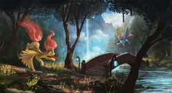 Size: 2100x1135 | Tagged: safe, artist:shamanguli, character:fluttershy, character:rainbow dash, species:pegasus, species:pony, bridge, flying, forest, lantern, moss, river, scenery, scenery porn, tree, water, waterfall