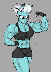 Size: 938x1328 | Tagged: safe, artist:calm wind, artist:matchstickman, character:fleetfoot, species:anthro, 1000 years in photoshop, abs, biceps, breasts, busty fleetfoot, clothing, fleetflex, flexing, gloves, muscles, muscular female, no tail, sports bra, sweat, wingless, wingless anthro, workout outfit