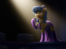 Size: 1024x768 | Tagged: safe, artist:novaintellus, character:sapphire shores, species:pony, clothing, dress, female, mare, microphone, singing, smiling, solo