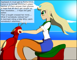 Size: 3683x2875 | Tagged: safe, artist:physicrodrigo, edit, editor:rmzero, part of a set, character:applejack, series:equestria mermaids, my little pony:equestria girls, beach, bench, boots, clothing, cloud, coast, curse, cursed, day, dialogue, dress, implied fluttershy, implied scootaloo, implied sunset shimmer, mermaid, mermaidized, ocean, part of a series, sand, scooter, shoes, solo, species swap, text, transformation, tree