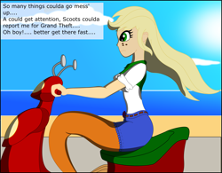 Size: 3683x2875 | Tagged: safe, artist:physicrodrigo, edit, editor:rmzero, part of a set, character:applejack, series:equestria mermaids, my little pony:equestria girls, beach, bench, clothing, cloud, coast, curse, cursed, day, dialogue, dress, implied scootaloo, mermaid, mermaidized, ocean, part of a series, sand, scooter, shoes, species swap, text, transformation, tree