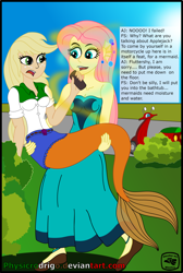 Size: 2116x3143 | Tagged: safe, artist:physicrodrigo, edit, editor:rmzero, part of a set, character:applejack, character:fluttershy, series:equestria mermaids, my little pony:equestria girls, bench, clothing, cloud, coast, curse, cursed, day, dialogue, dress, mermaid, mermaidized, ocean, part of a series, sand, scooter, shoes, species swap, text, transformation, watermark
