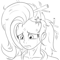Size: 1024x1024 | Tagged: safe, artist:albertbm, character:trixie, episode:on the road to friendship, my little pony:equestria girls, crying, equestria girls interpretation, female, lineart, messy hair, sad, scene interpretation, stick