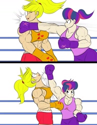 Size: 1206x1552 | Tagged: safe, artist:matchstickman, character:applejack, character:twilight sparkle, species:human, applejacked, armpits, boxing, boxing gloves, clothing, humanized, midriff, muscles, punch, sports, sports bra, tank top, twilight muscle, uppercut