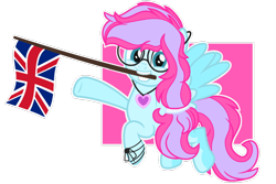 Size: 1024x684 | Tagged: safe, artist:bezziie, oc, oc only, oc:strawberry pie, species:pegasus, species:pony, female, flag, glasses, mare, mouth hold, simple background, solo, transparent background, union jack