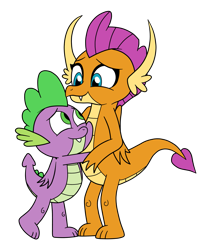 Size: 1321x1606 | Tagged: safe, artist:eagc7, character:smolder, character:spike, species:dragon, ship:spolder, season 8, baby, baby dragon, blue eyes, cute, dragoness, duo, fangs, female, folded wings, green eyes, hug, looking at each other, male, shipping, simple background, smiling, smolderbetes, spikabetes, straight, transparent background, winged spike, wings