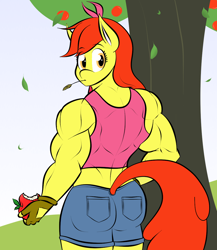Size: 1000x1154 | Tagged: safe, artist:matchstickman, character:apple bloom, species:anthro, species:earth pony, species:pony, apple, apple brawn, apple tree, back muscles, biceps, clothing, deltoids, falling leaves, female, fingerless gloves, food, gloves, looking at you, looking back, looking back at you, mare, matchstickman's apple brawn series, midriff, muscles, older, older apple bloom, short jeans, solo, sports bra, straw in mouth, sweet apple acres, tree, triceps