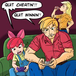 Size: 945x945 | Tagged: source needed, safe, artist:megasweet, artist:rustydooks, character:apple bloom, character:applejack, character:big mcintosh, species:human, controller, dialogue, drinking, eyebrows, eyebrows visible through hair, female, humanized, male, siblings, speech bubble, video game
