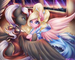 Size: 5000x4000 | Tagged: safe, artist:bunnywhiskerz, oc, oc:bay breeze, oc:mahx, species:pegasus, species:pony, bahx, ballroom, bow, clothing, dancing, dress, female, hair bow, i know those eyes, male, mare, spread wings, stallion, the count of monte cristo, wings