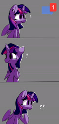 Size: 1000x2088 | Tagged: safe, artist:bloodatius, edit, editor:twitchyylive, character:twilight sparkle, character:twilight sparkle (alicorn), species:alicorn, species:pony, comic, confused, discord (software), exclamation point, female, floppy ears, frown, gray background, looking back, mare, meme, notification, pointing, raised hoof, simple background, sitting, solo, spread wings, surprised, wide eyes, wings