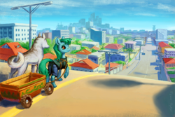 Size: 1000x667 | Tagged: safe, artist:adeptus-monitus, oc, oc only, oc:lonely day, species:dog, species:earth pony, species:pony, cart, city, cityscape, clothing, ponies after people