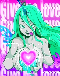 Size: 1000x1272 | Tagged: safe, artist:hobilo, character:queen chrysalis, species:changeling, species:human, bedroom eyes, crown, fangs, female, fingernails, heart, horn, humanized, jewelry, looking at you, open mouth, regalia, slit eyes, smiling, solo, teeth, text, tongue out, wings