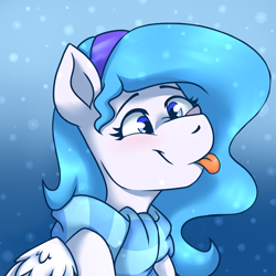 Size: 750x750 | Tagged: safe, artist:laydeekaze, oc, oc only, oc:snow-wing, species:pegasus, species:pony, catching snowflakes, clothing, headband, scarf, smiling, snow, snowfall, tongue out