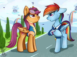 Size: 2835x2126 | Tagged: safe, artist:php97, character:rainbow dash, character:scootaloo, species:pegasus, species:pony, academy record, clothing, duo, female, goggles, mare, older, older scootaloo, uniform, watch, whistle, wonderbolt trainee uniform, wonderbolts dress uniform