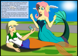 Size: 3080x2224 | Tagged: safe, artist:physicrodrigo, edit, editor:rmzero, part of a set, character:applejack, character:fluttershy, series:equestria mermaids, my little pony:equestria girls, cellphone, clothing, cloud, coast, curse, cursed, day, denim skirt, dialogue, dress, mermaid, mermaidized, ocean, part of a series, phone, skirt, smartphone, species swap, text, watermark