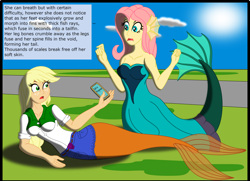 Size: 3080x2224 | Tagged: safe, artist:physicrodrigo, edit, editor:rmzero, part of a set, character:applejack, character:fluttershy, series:equestria mermaids, my little pony:equestria girls, cellphone, clothing, cloud, coast, curse, cursed, day, dialogue, dress, mermaid, mermaidized, ocean, part of a series, phone, smartphone, species swap, text