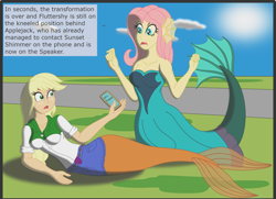 Size: 3080x2224 | Tagged: safe, artist:physicrodrigo, edit, editor:rmzero, part of a set, character:applejack, character:fluttershy, series:equestria mermaids, my little pony:equestria girls, cellphone, clothing, cloud, coast, curse, cursed, day, dialogue, dress, implied sunset shimmer, mermaid, mermaidized, ocean, part of a series, phone, smartphone, species swap, text
