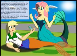 Size: 3080x2224 | Tagged: safe, artist:physicrodrigo, edit, editor:rmzero, part of a set, character:applejack, character:fluttershy, series:equestria mermaids, my little pony:equestria girls, cellphone, clothing, cloud, coast, curse, cursed, day, dialogue, dress, implied pinkie pie, implied sunset shimmer, mermaid, mermaidized, ocean, part of a series, phone, smartphone, species swap, text