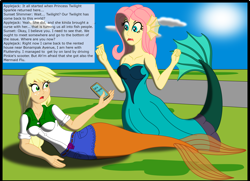 Size: 3080x2224 | Tagged: safe, artist:physicrodrigo, edit, editor:rmzero, part of a set, character:applejack, character:fluttershy, series:equestria mermaids, my little pony:equestria girls, cellphone, clothing, cloud, coast, curse, cursed, day, dialogue, dress, implied pinkie pie, implied sunset shimmer, implied twilight sparkle, mermaid, mermaidized, ocean, part of a series, phone, smartphone, species swap, text
